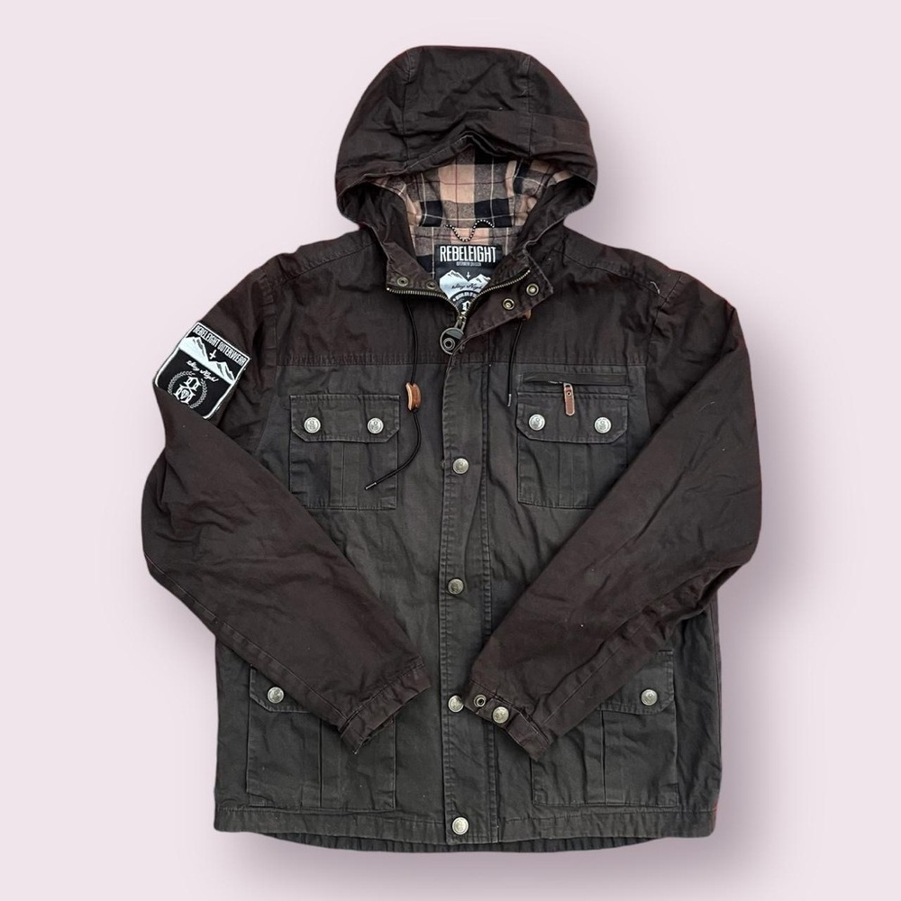 RebelEight/Rebel8 Zip-Up Hooded Plaid Lined Jacket - Dark Brown/Black